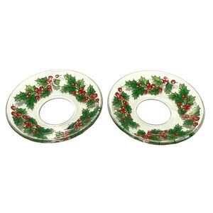 Lot Of 4 Vintage Holly Berry Glass Bobeches Candle Wax Collar Drip Catcher 2.5"